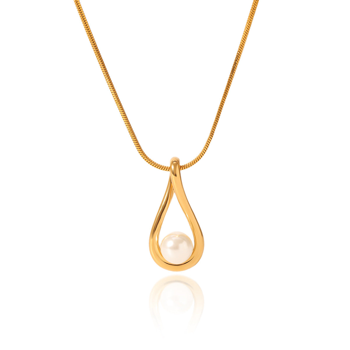 Collana da donna a pendente minimalista a goccia in acciaio inossidabile con intarsio di perle e finitura placcata su catena a serpente