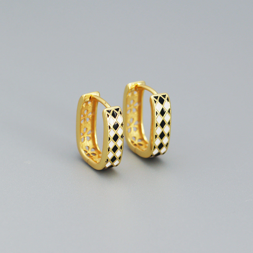 Sweet 925 Sterling Silver Geometric Checkered Drip Oil U-Shaped Hoop Earrings