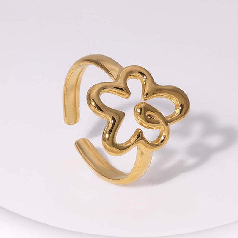 Sweet Minimalist Floral Plated Stainless Steel Open Ring for Women