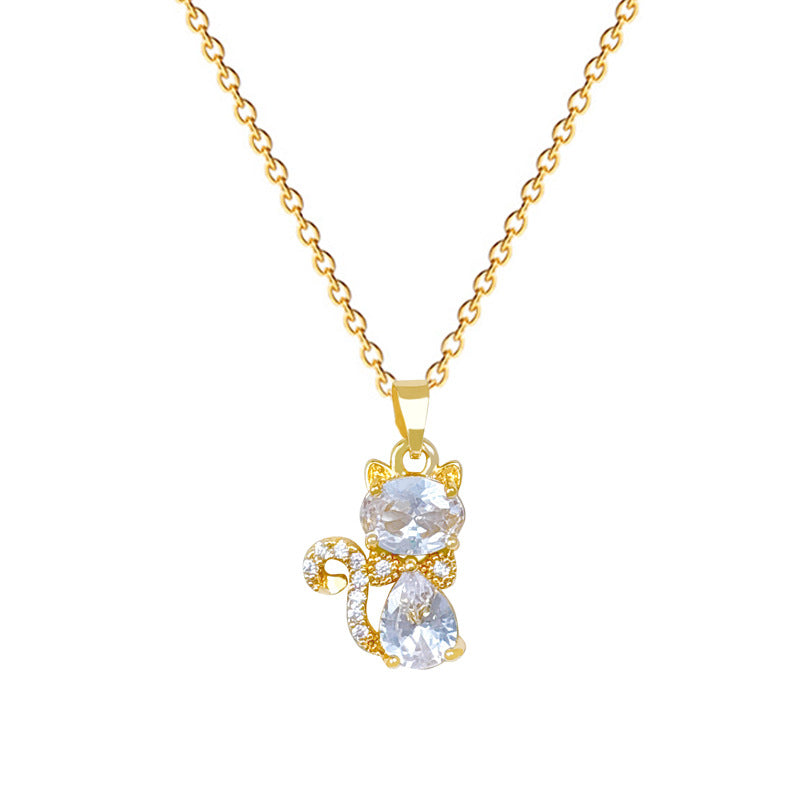 Sweet Luxury Cat Shape Cubic Zirconia Inlay Titanium Steel Necklace for Unisex