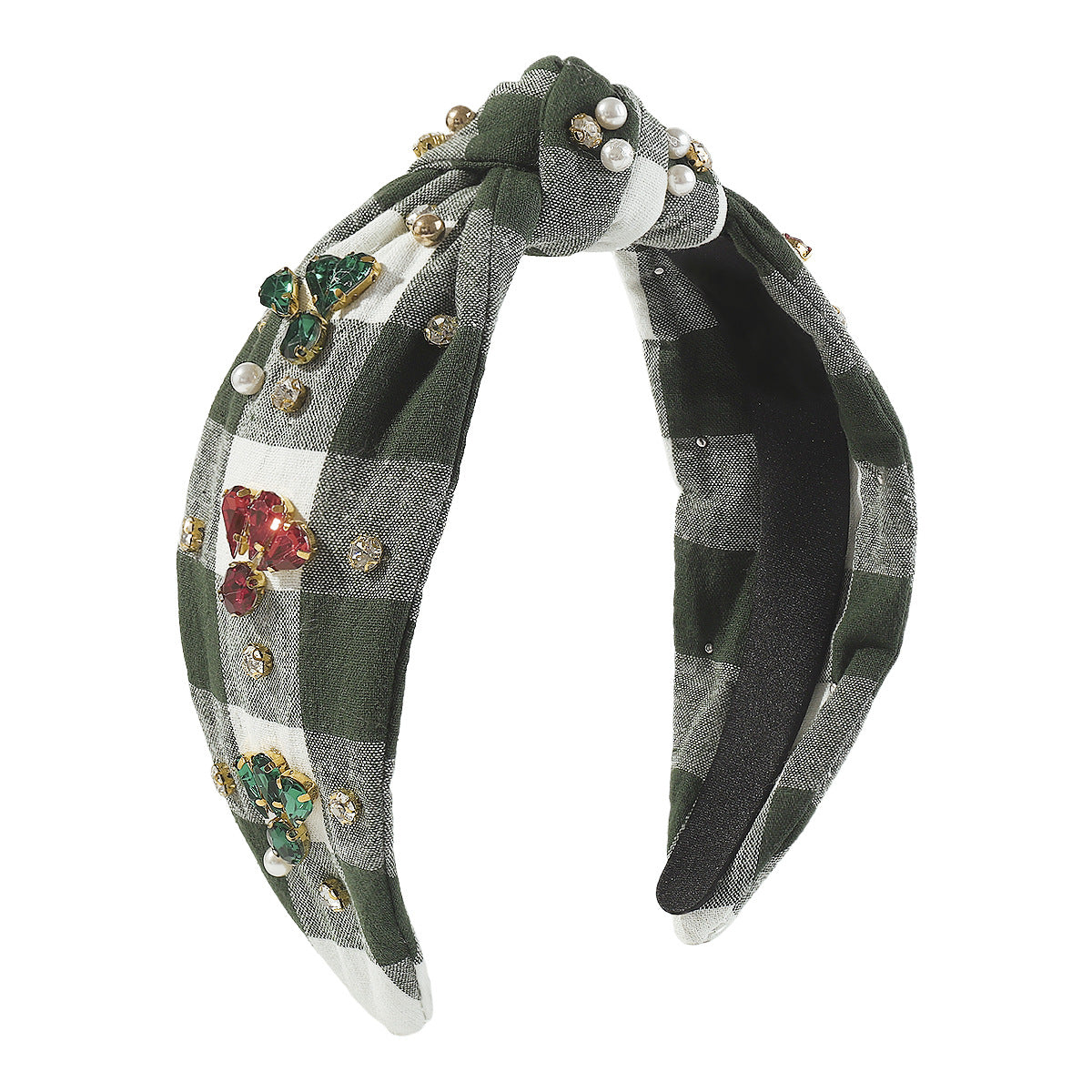 Diadema para mujer dulce y atrevida con diseño de cuadros y pedrería, base de tela y adorno.