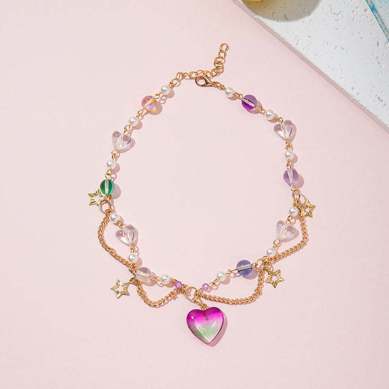 Collana con perline di vetro fatte a mano a forma di fiocco per bambine con ciondolo in lega, stile fresco e dolce