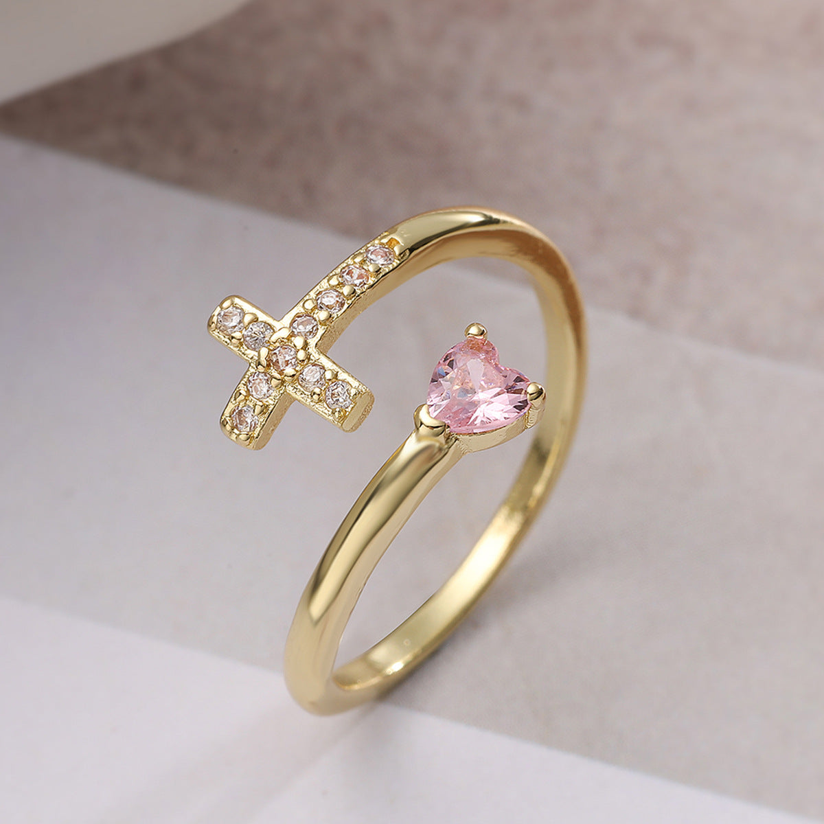 Minimalist 18K Gold Plated Brass Micro-inlay Cubic Zirconia Heart Cross Geometric Open Ring for Women