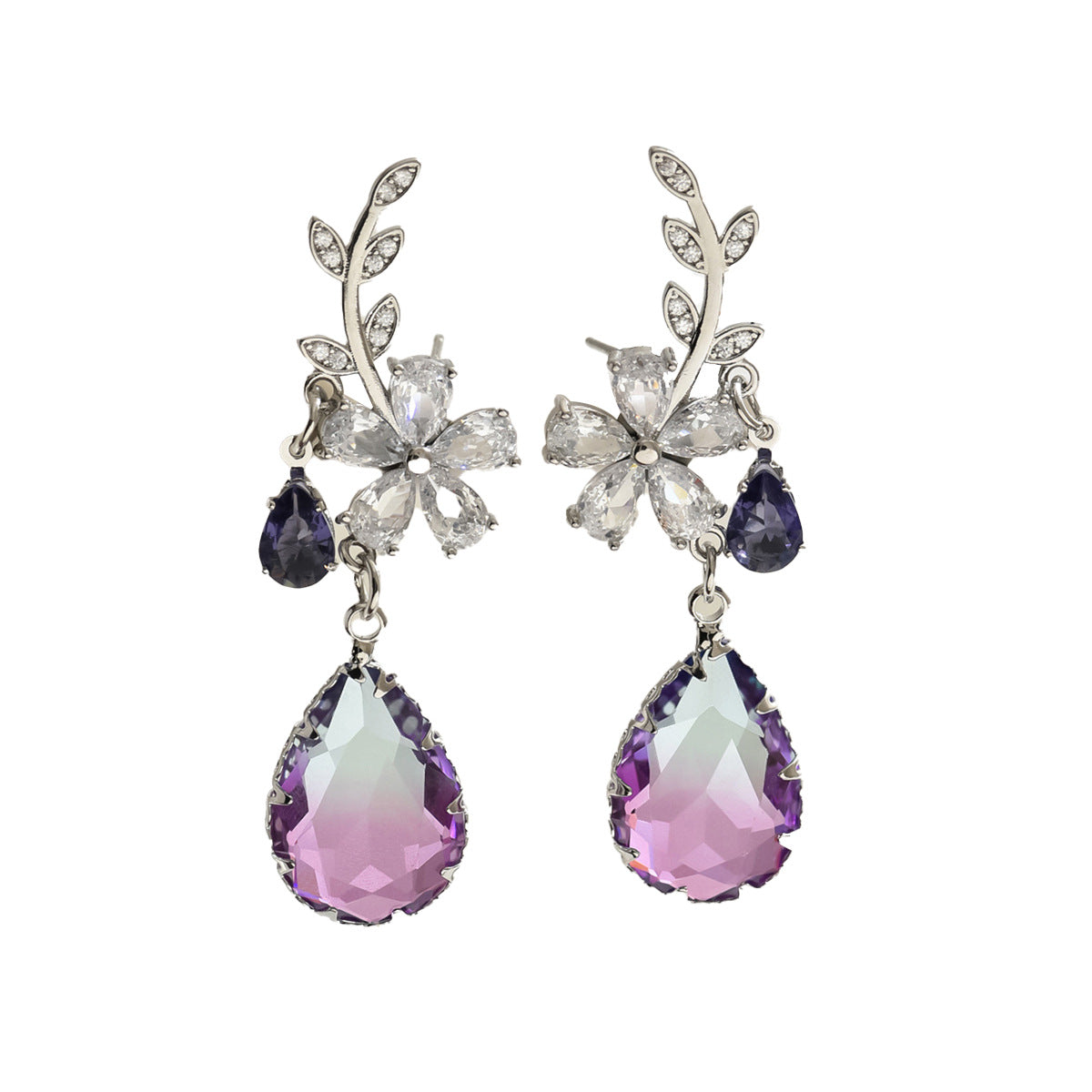 Aretes rústicos de flor y espiga de trigo para mujer con incrustaciones de circonita en base de cobre y postes de acero inoxidable