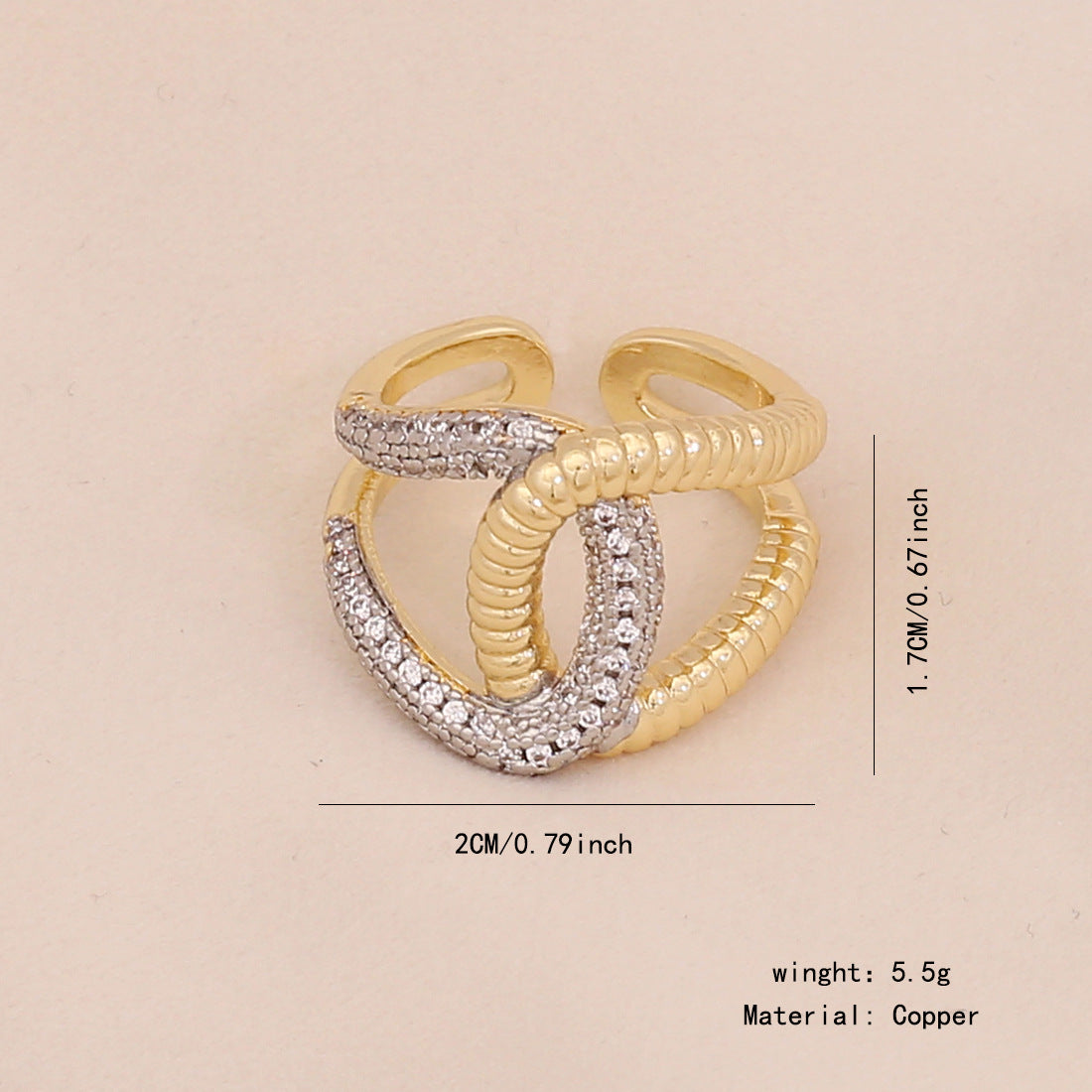 Geometric Heart-Shaped Copper Ring with Zircon Inlay for Women