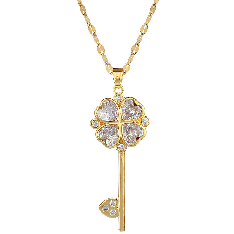 Collar con Colgante de Llave Floral Minimalista para Mujer y Hombre con Cadena de Acero de Titanio y Detalles de Diamantes de Imitación