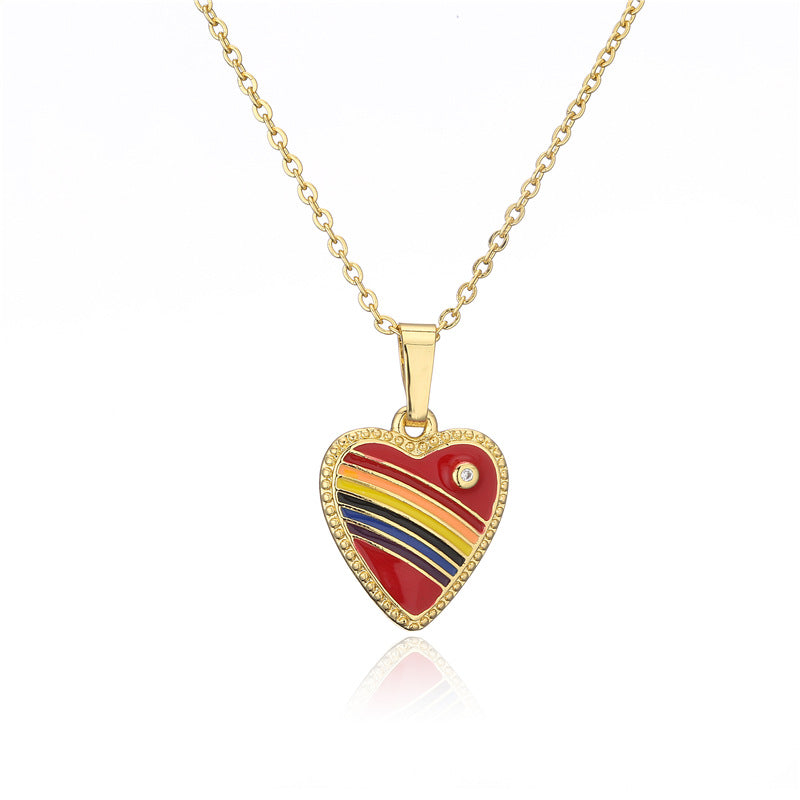 Rainbow Gradient Drip Oil Heart 18K Gold Plated Brass Necklace Cable Chain