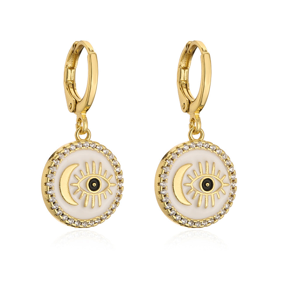 Minimalist Geometric Copper Earrings with 18K Gold Plating and Enamel Eye Detail for Women