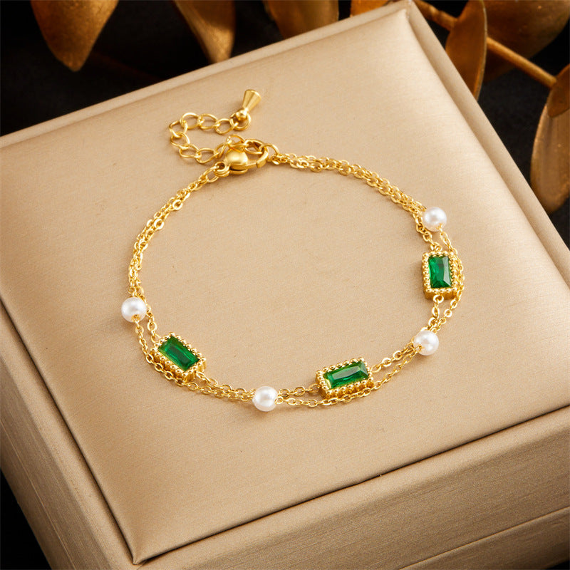 Vintage Business Casual Plated Stainless Steel Box Chain Bracelet with Square and Flower Accents