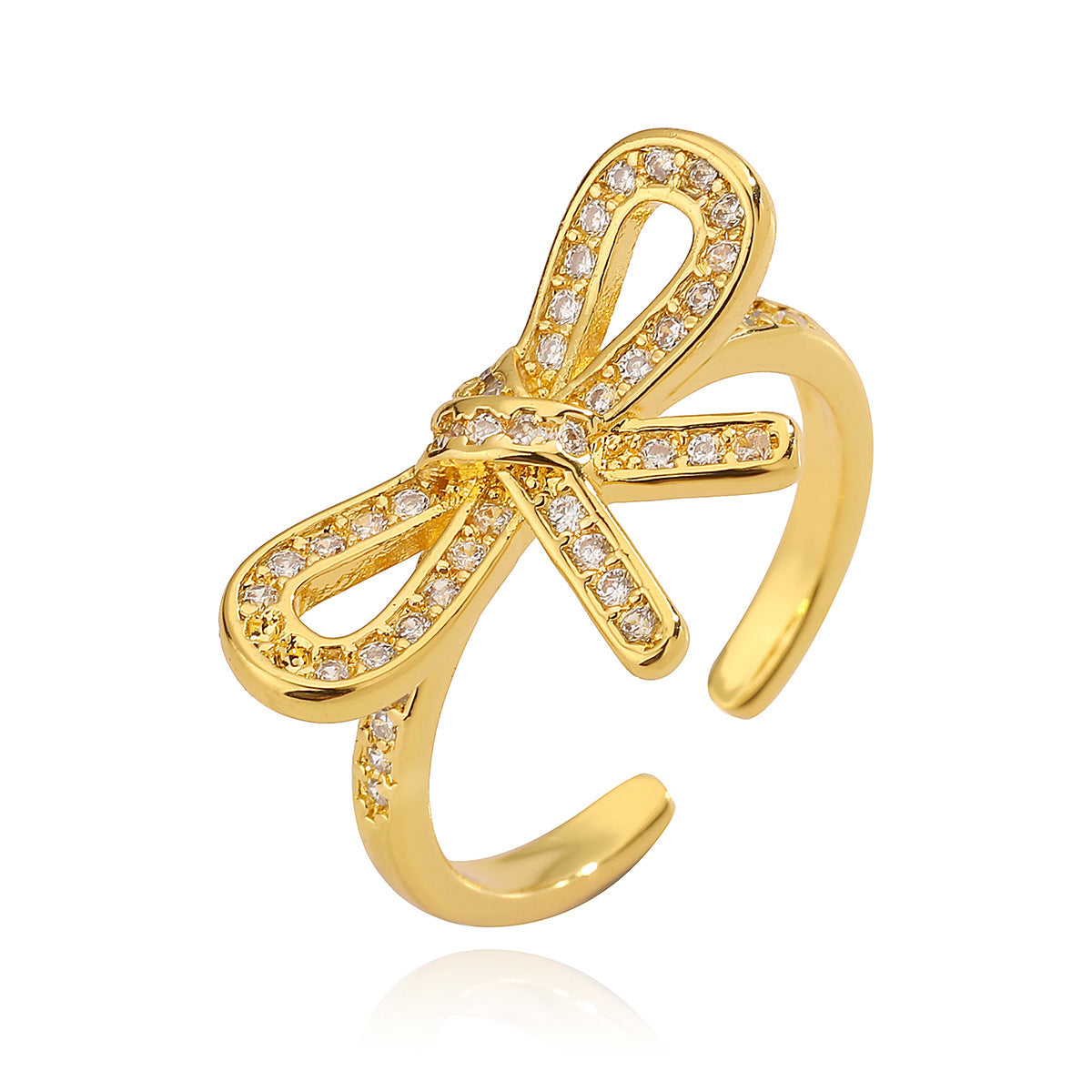 Sweet 18K Gold Plated Brass Geometric Bow Knot Ring with Cubic Zirconia for Women