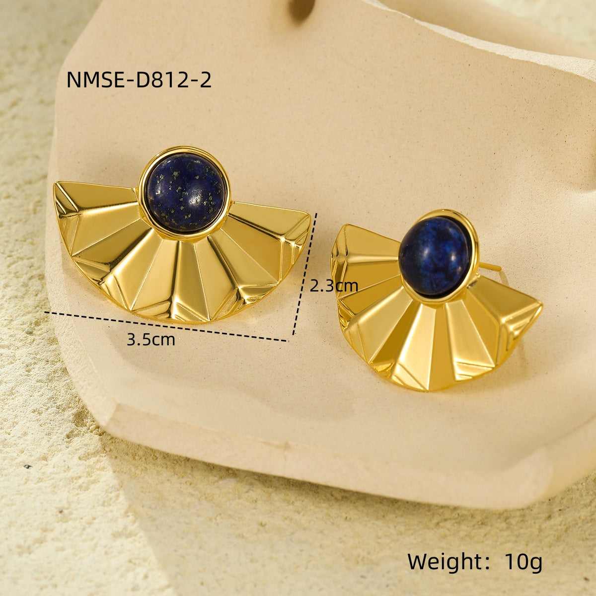 Pendientes de tuerca de acero inoxidable semircirculares con forma de abanico, minimalistas de lujo, con incrustaciones de piedra natural y acabado chapado