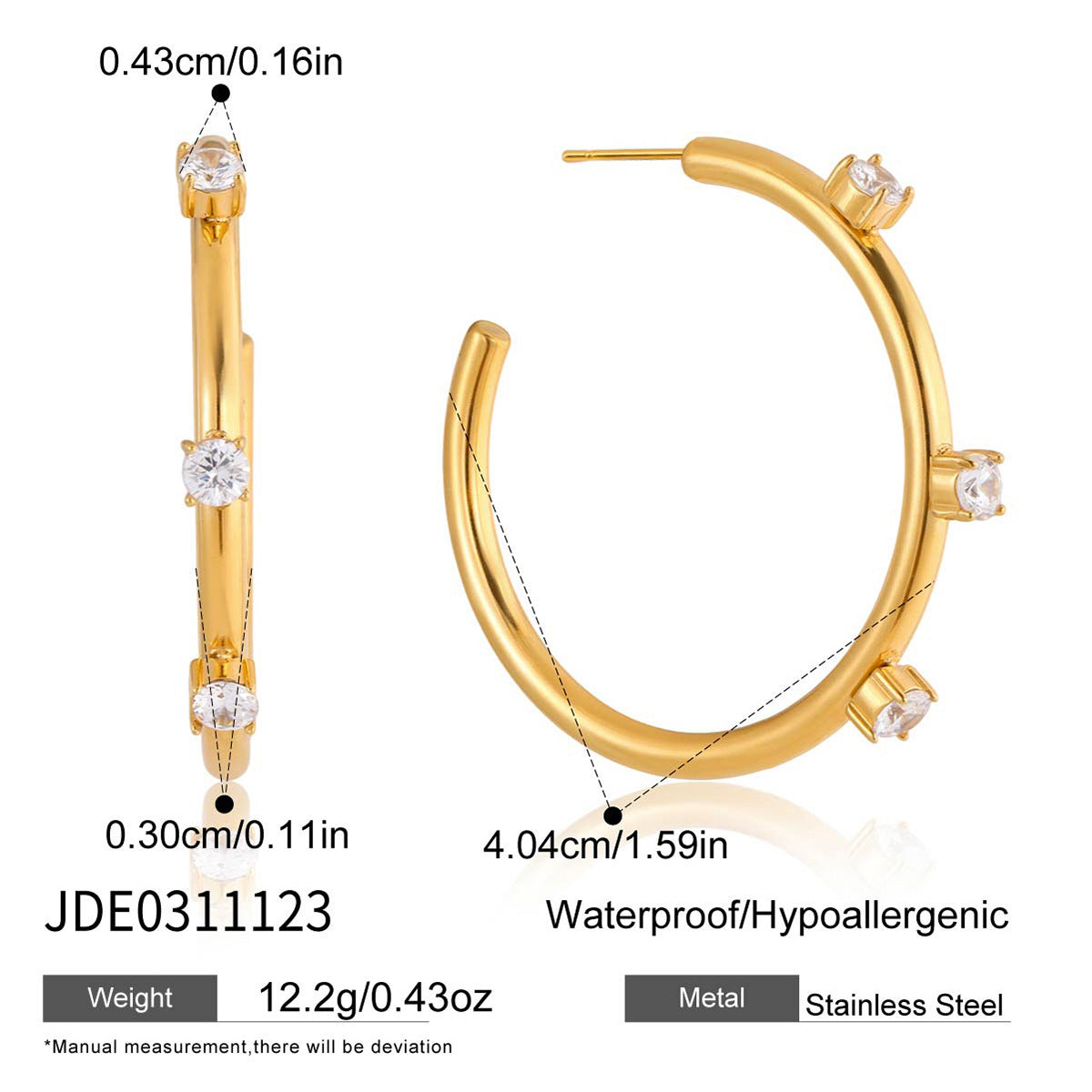 Minimalist Luxury Geometric Stainless Steel Plated Cubic Zirconia C-Shaped Stud Earrings for Women