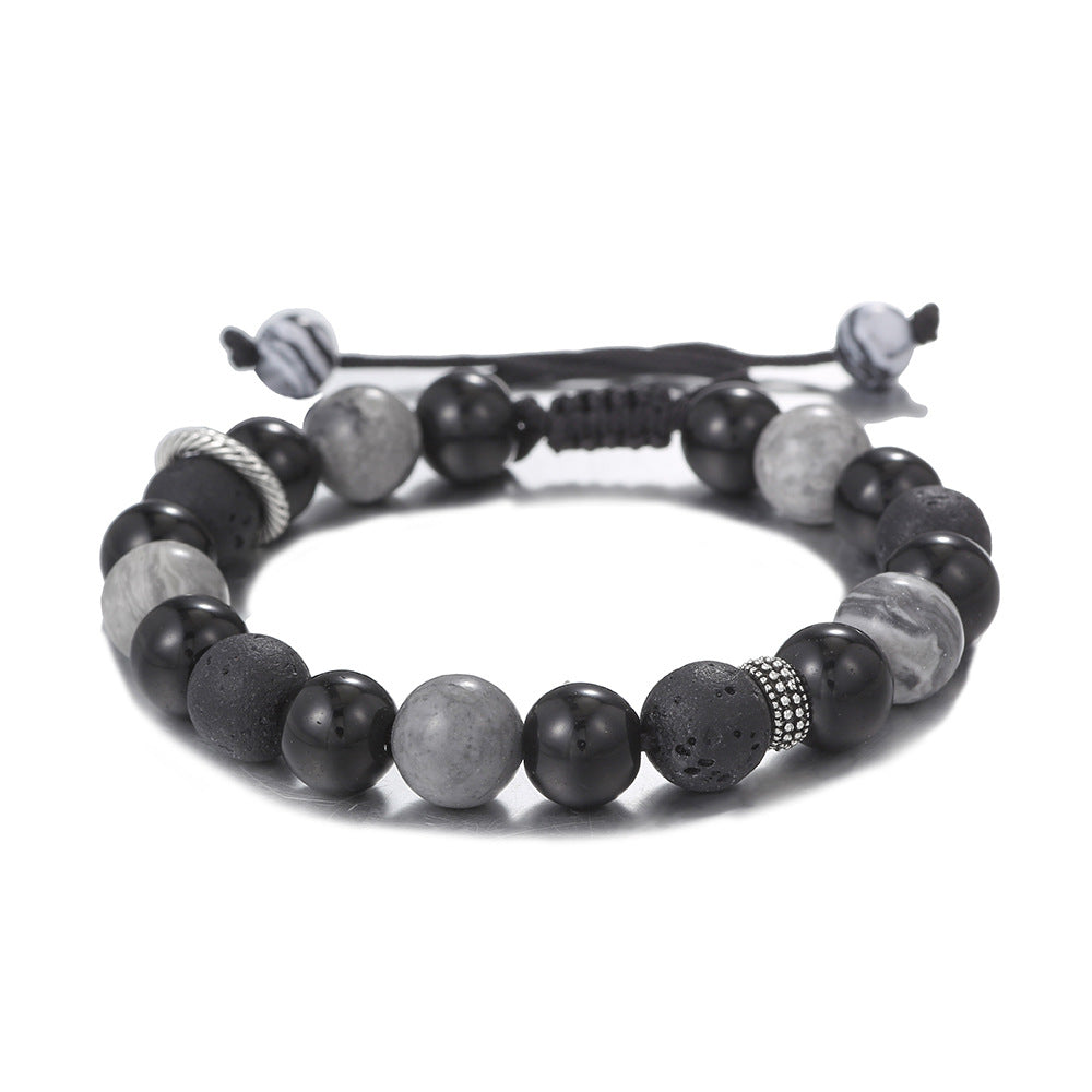 Geometric Black Agate and Brass Beaded Bracelet with Cubic Zirconia Inlay
