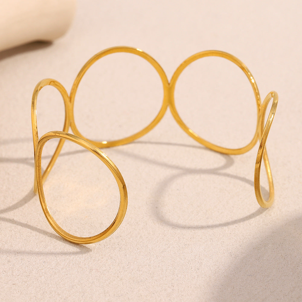 Minimalist Geometric Stainless Steel Bracelet with 18K Gold Plating, Lightweight Luxury Circle Cuff for Women
