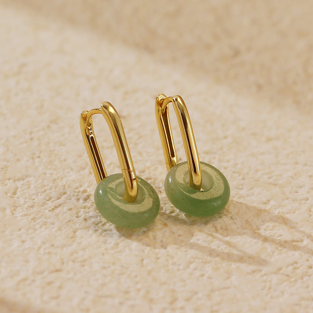Pendientes de plata de ley 925 con hebilla de seguridad de aventurina verde geométrica para mujer
