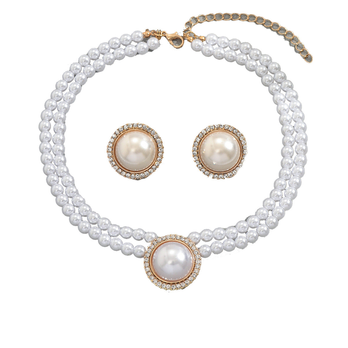 Set di collana e orecchini geometrici con perle da donna, con ciondolo in madreperla, intarsio di strass e catena di perle