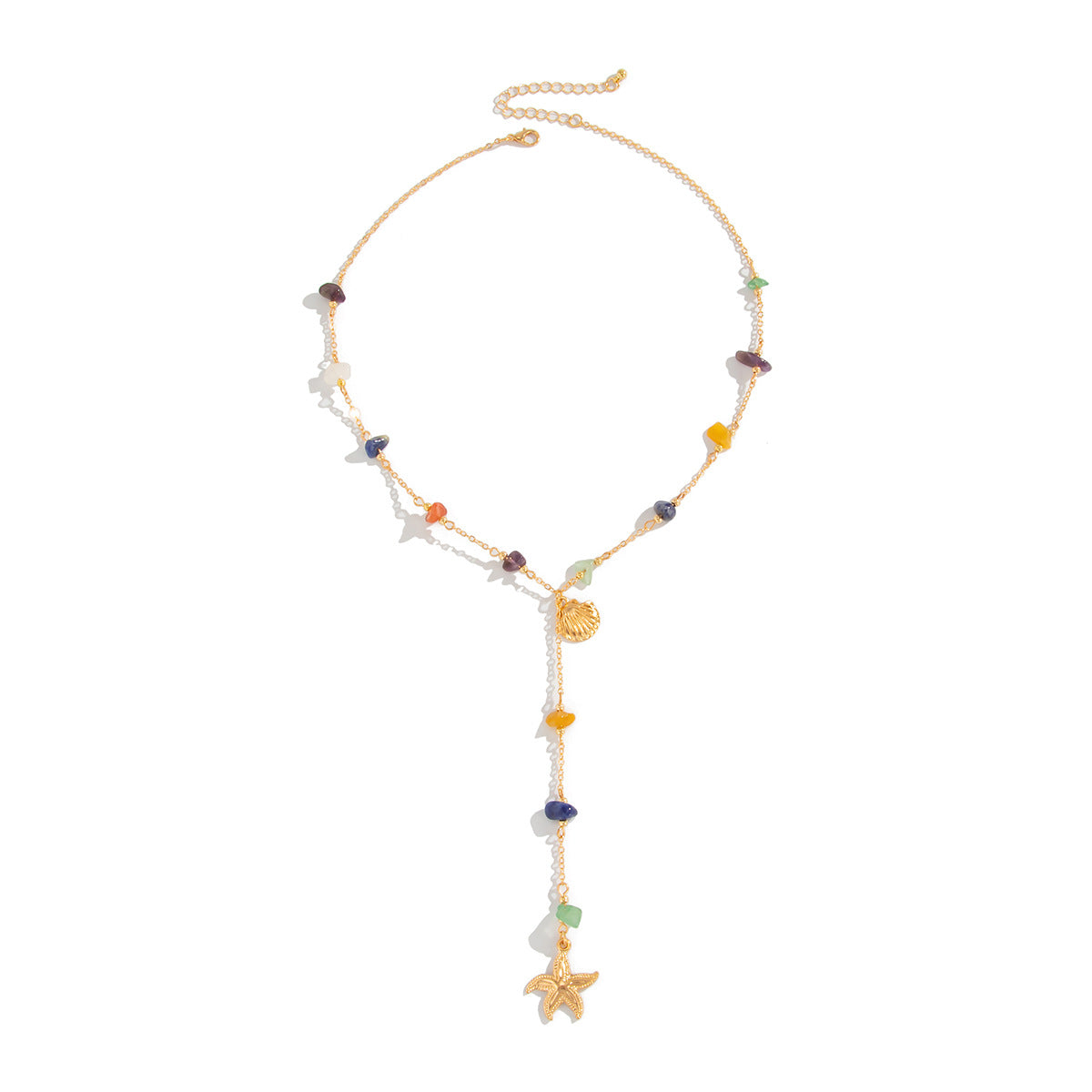 Vacation Style Star-Shaped Geometric Pendant Necklace with Colorful Rhinestone Accents and Scallop Shell and Star Charms on Delicate Locket Chain for Women