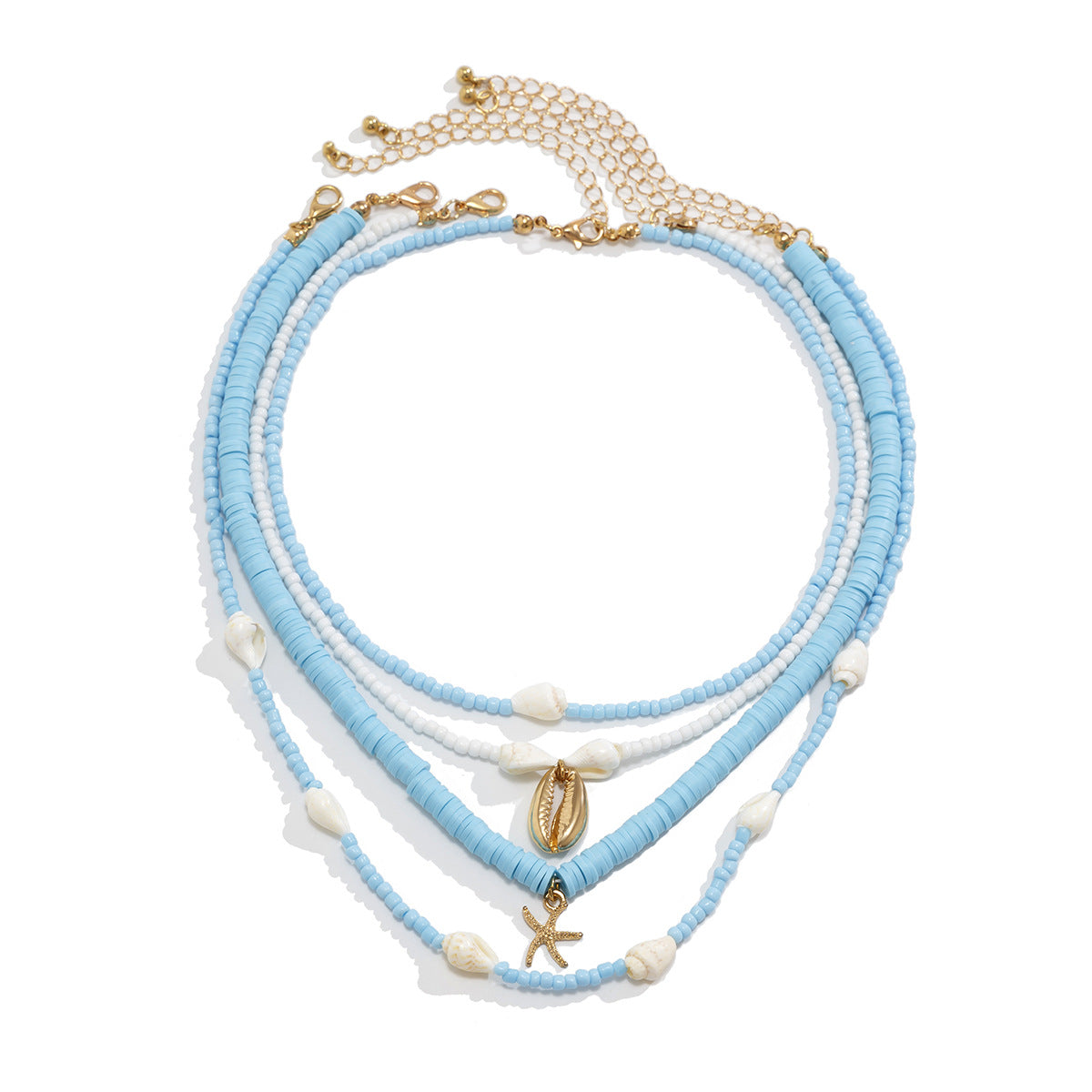 Collana bohémien vintage a strati con ciondolo a stella in conchiglia, lega galvanizzata, catena con perline