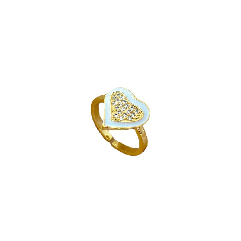 Minimalist Heart-Shaped Enamel Ring with Zircon Inlay Adjustable Opening Design for Women
