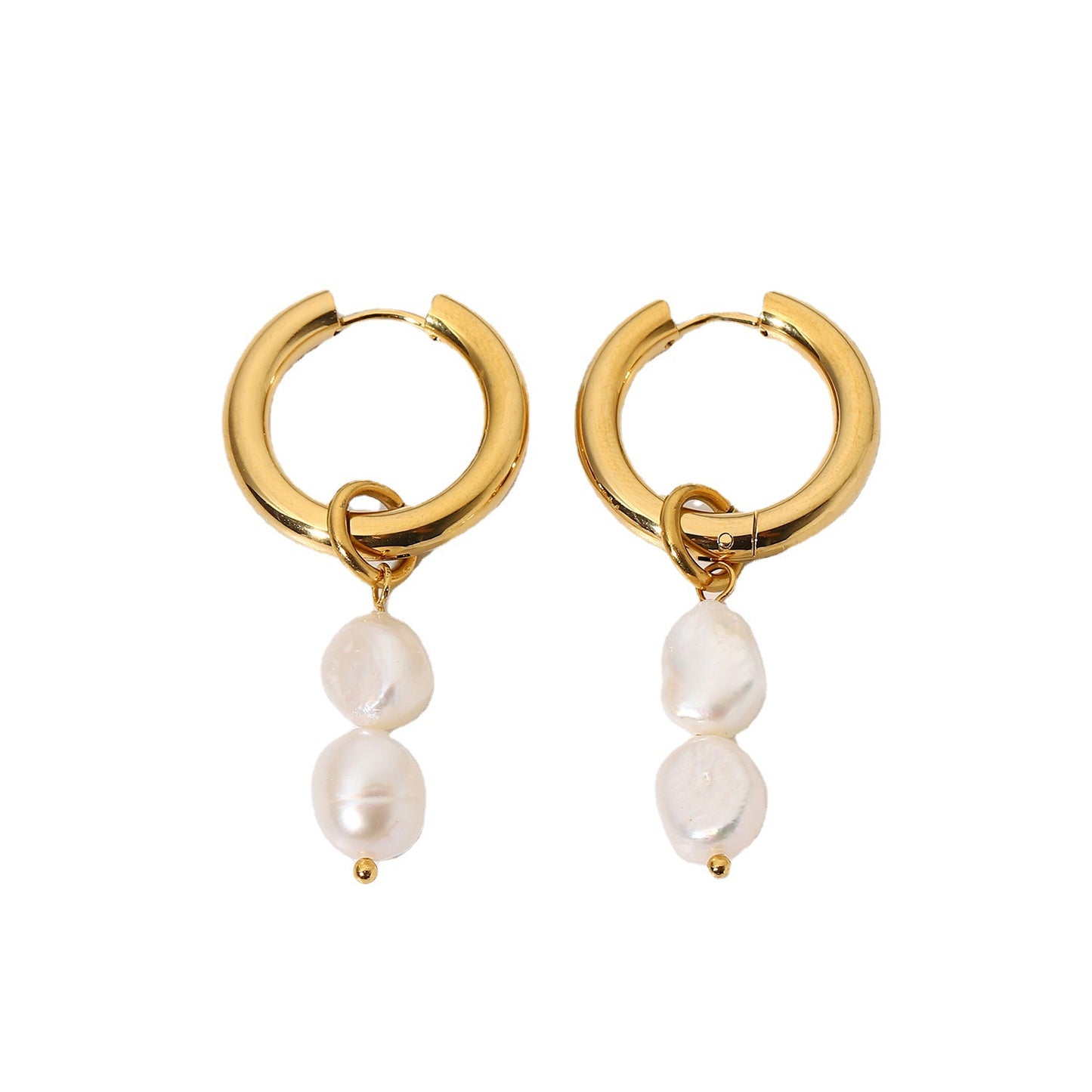 Minimalist Double-Layer Stainless Steel Earrings with 18K Gold Plating and Freshwater Pearl Pendants