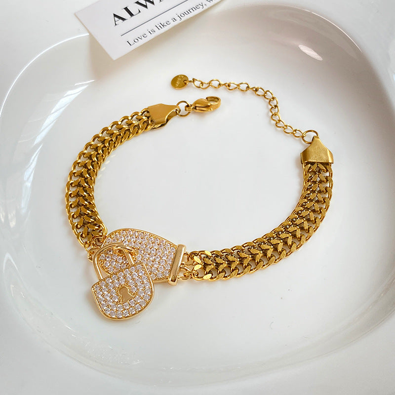 Rhinstone Inlaid Titanium Steel Cuban Link Chain Bracelet
