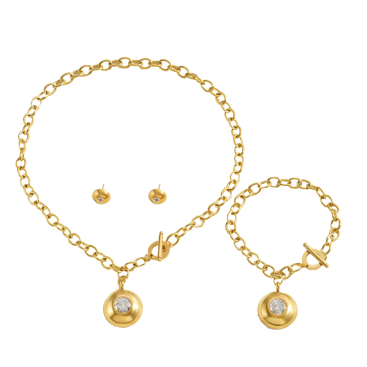 Conjunto de collar y pulsera redondos geométricos con incrustaciones de circonita para mujer con cadena de cobre