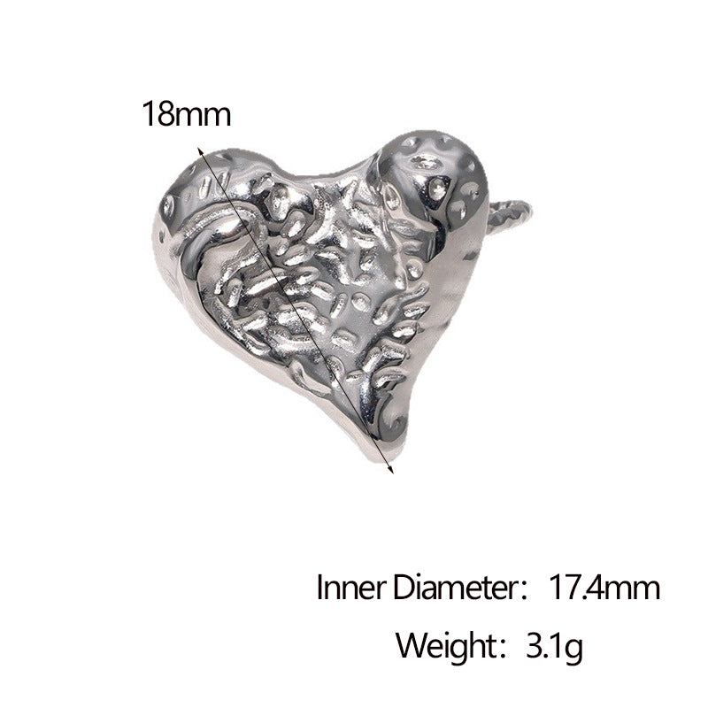 Minimalist Hammered Textured Heart Shaped 18K Gold Plated Stainless Steel Open Ring for Women