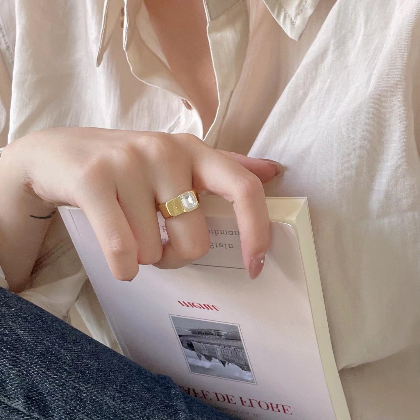 Minimalist Nordic Style Square Shape 925 Sterling Silver Ring with White Rhinestone Inlay for Women