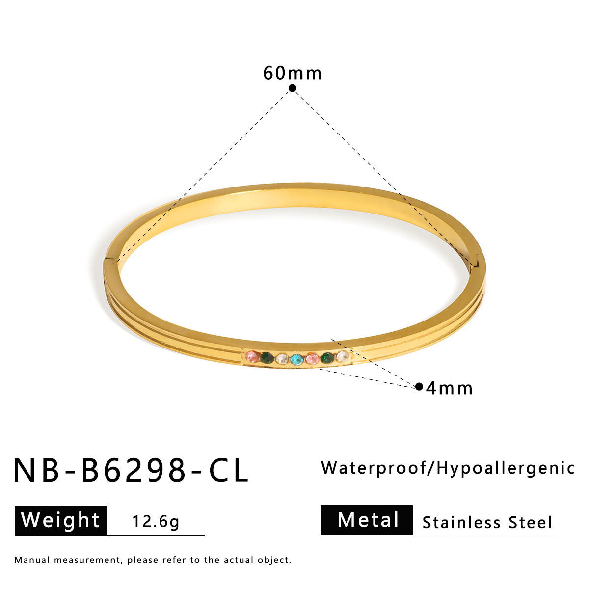 Bracciale Minimalista Geometrico in Acciaio Inossidabile Placcato con Strass Colorati, Chiusura a Scatto Ipoallergenica, Gioielli Lussuosi per Tutti i Giorni