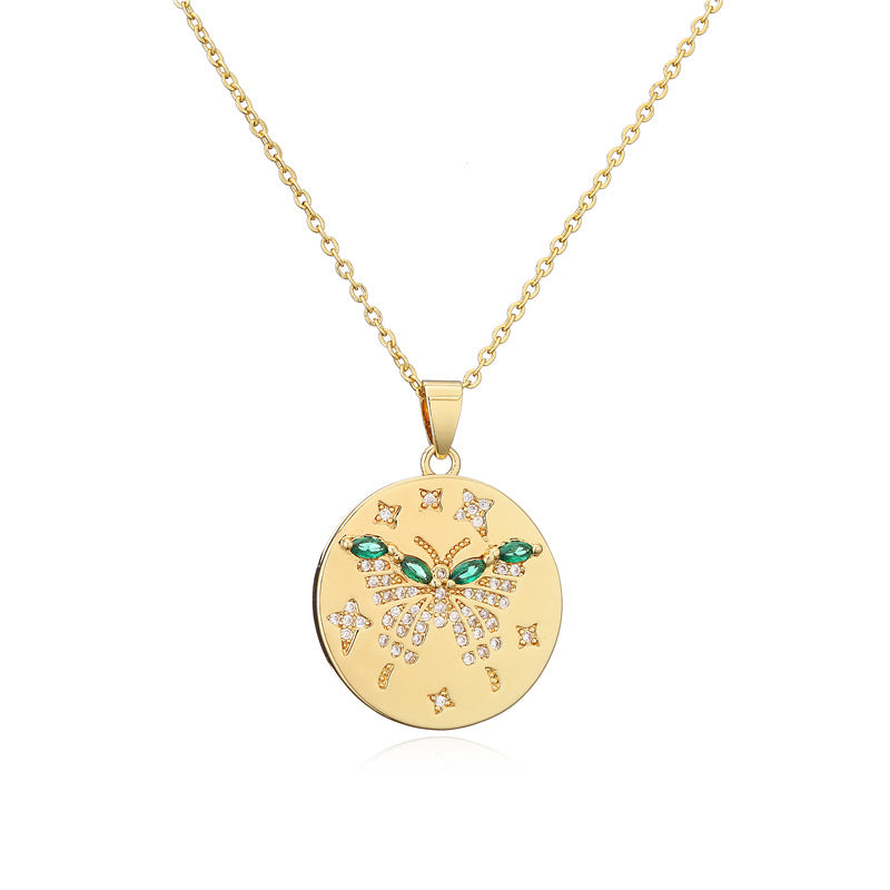18K Gold Plated Round Animal Micro-Inlaid Cubic Zirconia Brass Pendant Necklace with Cable Chain