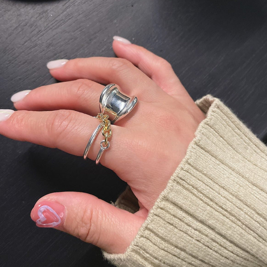 Anillo de Plata de Ley 925 Minimalista con Diseño de Ola y Cadena para Mujer
