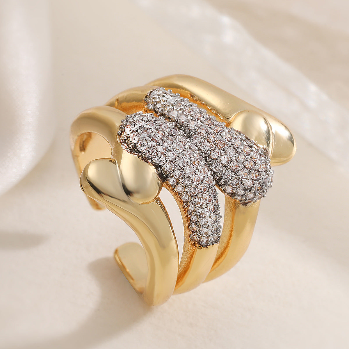 Minimalist Two-Tone Plated Cubic Zirconia Geometric Irregular Open Ring for Women