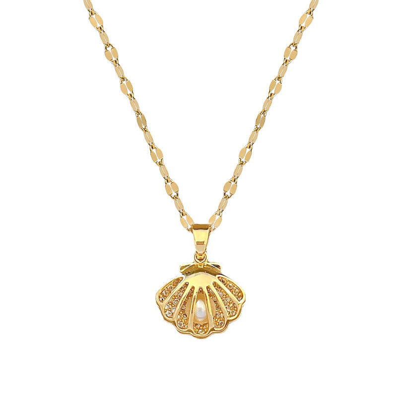 Light Luxury Geometric Titanium Steel Necklace with Hollow Shell Pendant, Micro-Paved Zirconia, Gold-Plated, Pearl Accents, Wavy Chain