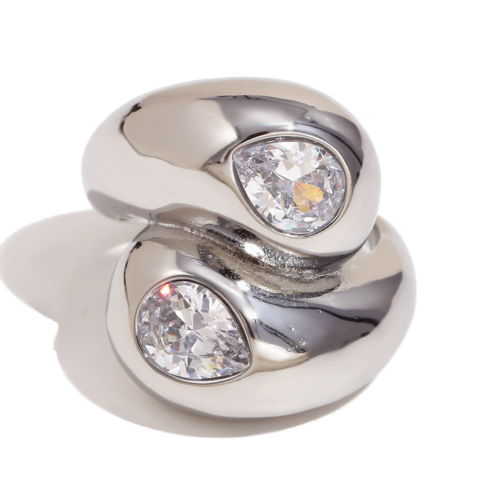 Minimalist Geometric Stainless Steel Plated 18K Gold Double-Head Zircon Snake Ring for Women