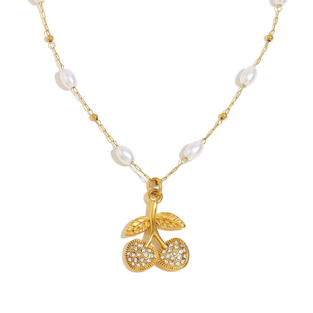 Elegant Cherry-Shaped Stainless Steel Pendant Necklace with 18K Gold Plating and Simulated Pearl Accents for Women