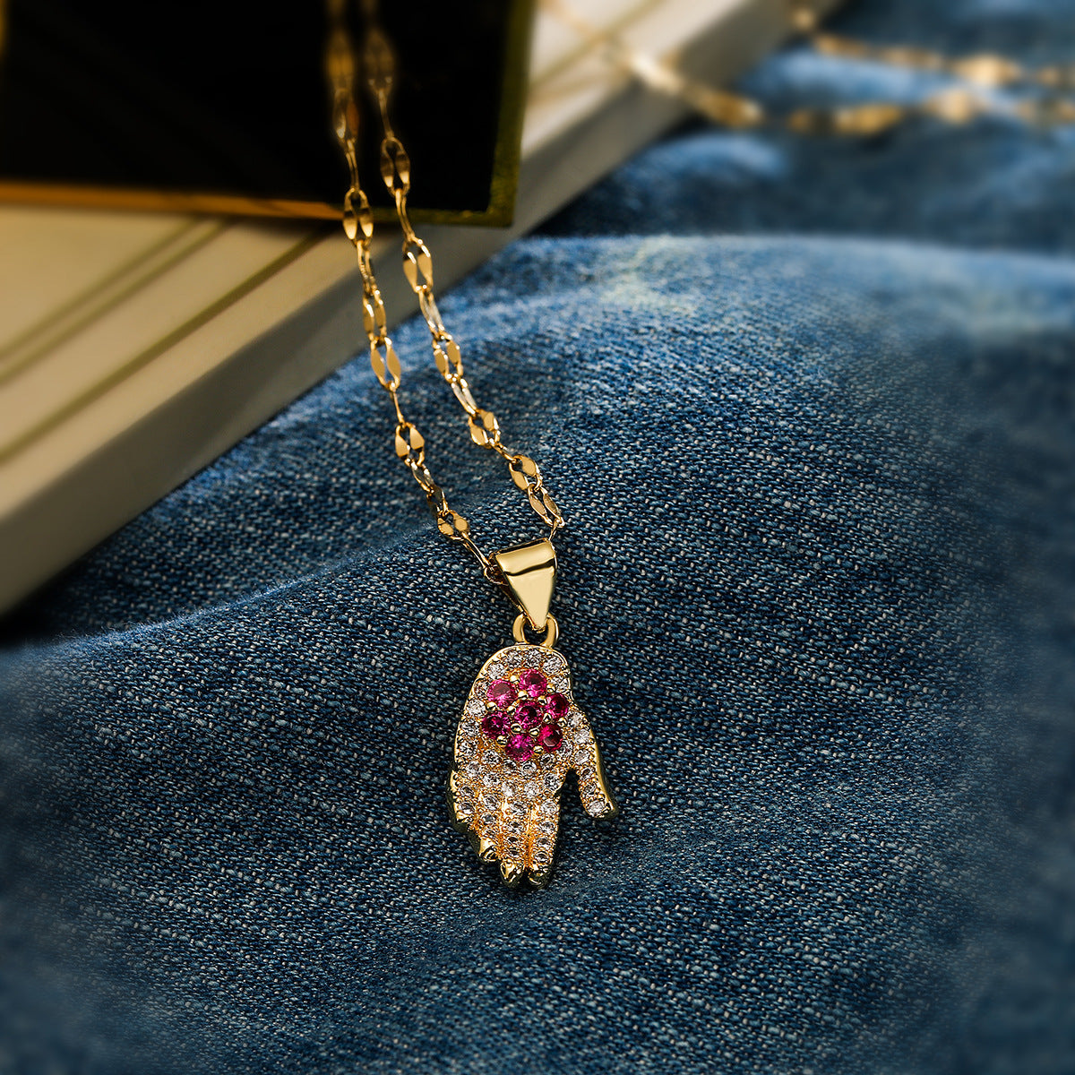 Minimalist Geometric Hand-Shaped Pendant Necklace for Women in Brass with Real Gold Plating and Zircon Inlay