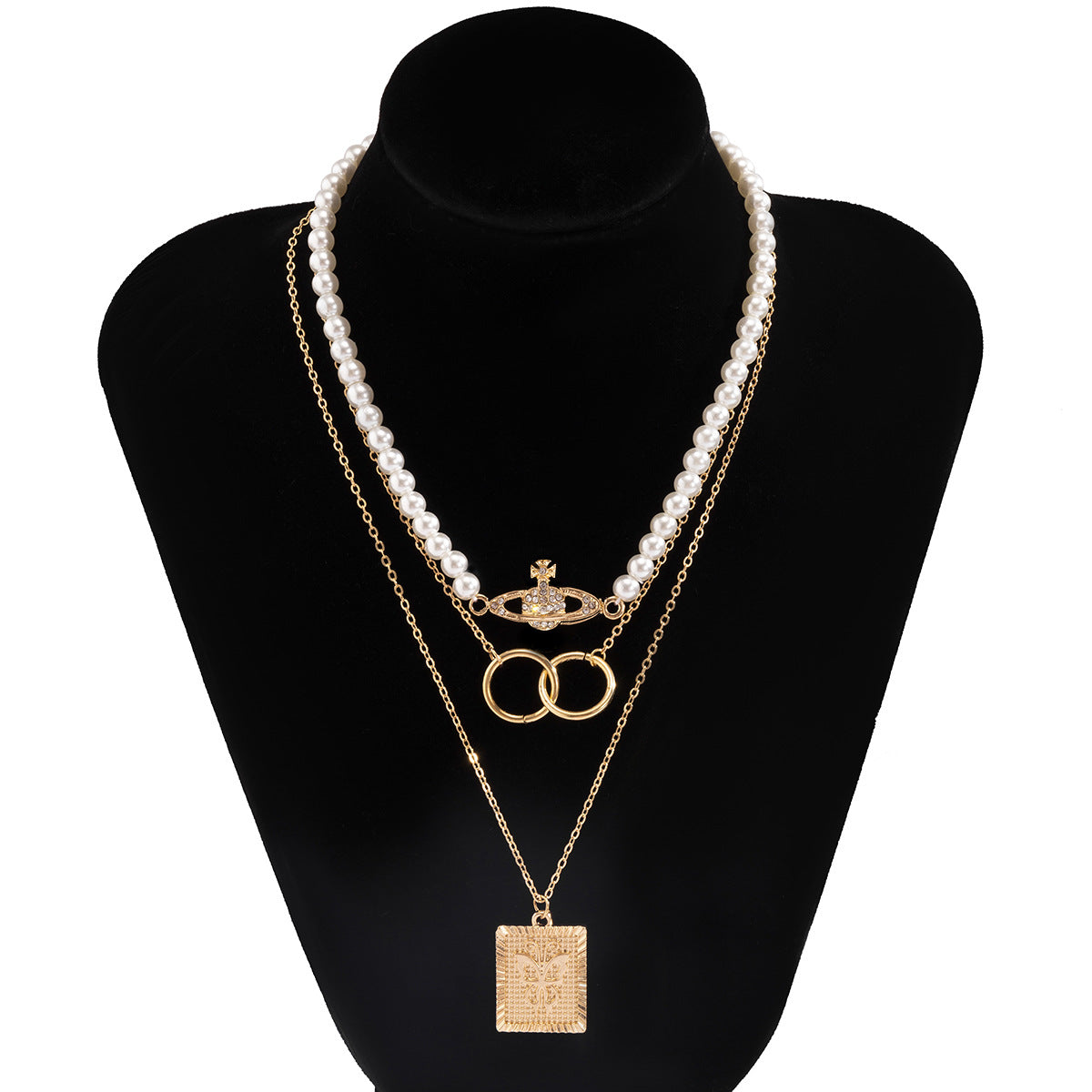 Collana geometrica a doppio anello con perline, ciondolo a forma di pianeta e farfalla con strass, gioielli placcati in lega da donna