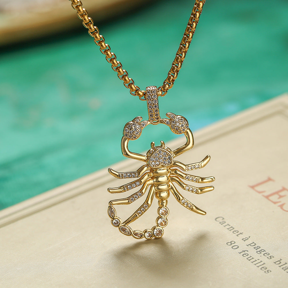 Geometric Dinosaur and Scorpion Pendant Necklace for Women in Copper with Gold Plating and Zircon Inlay
