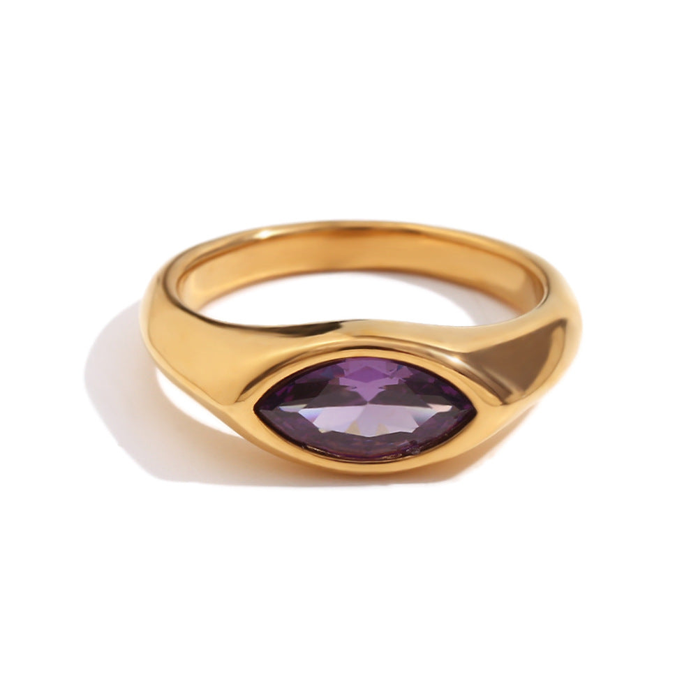Anillo de Acero Inoxidable Geométrico Minimalista con Baño de Oro de 18K y Piedra de Zirconia Marquesa para Mujer