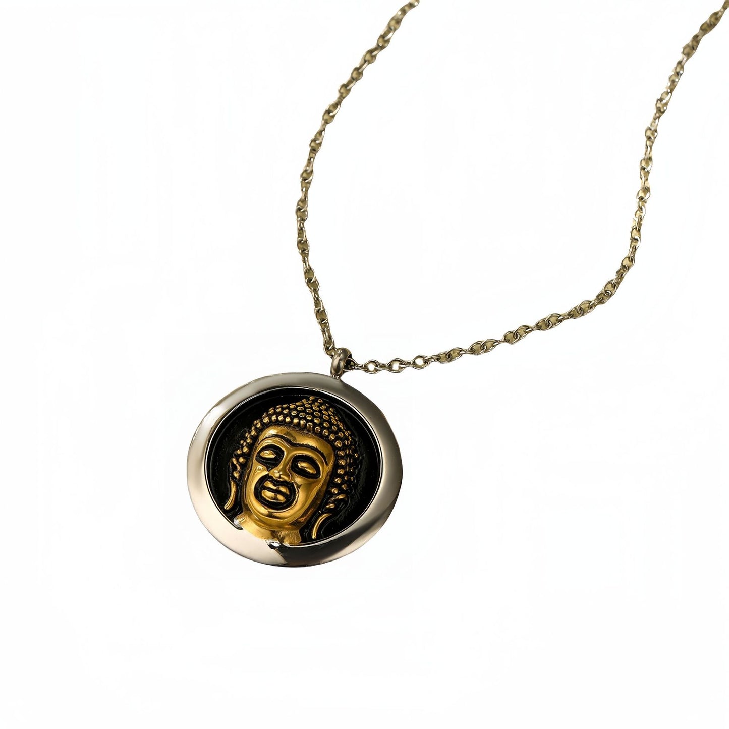 Collar con colgante de cabeza de Buda redondo de estilo vintage en acero titanio con chapado en oro, unisex