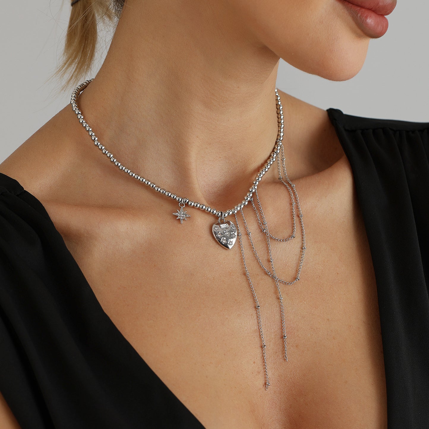 Sweet Streetwear Y2K Heart Geometric Star Alloy Plated Pendant Necklace with Tassel and Beads for Women