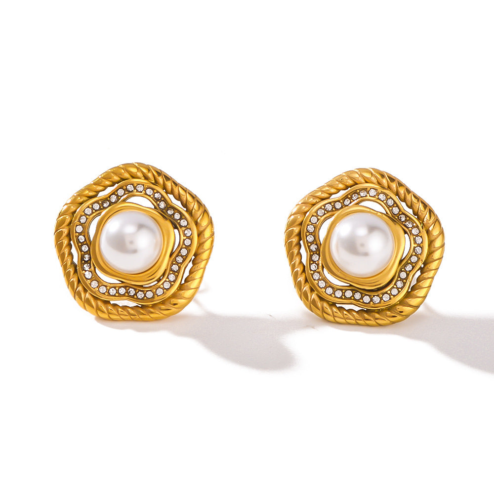 Vintage French Palace Style Geometric Earrings with Pearl and Zircon Inlay Stainless Steel Plated in 18K Gold for Women