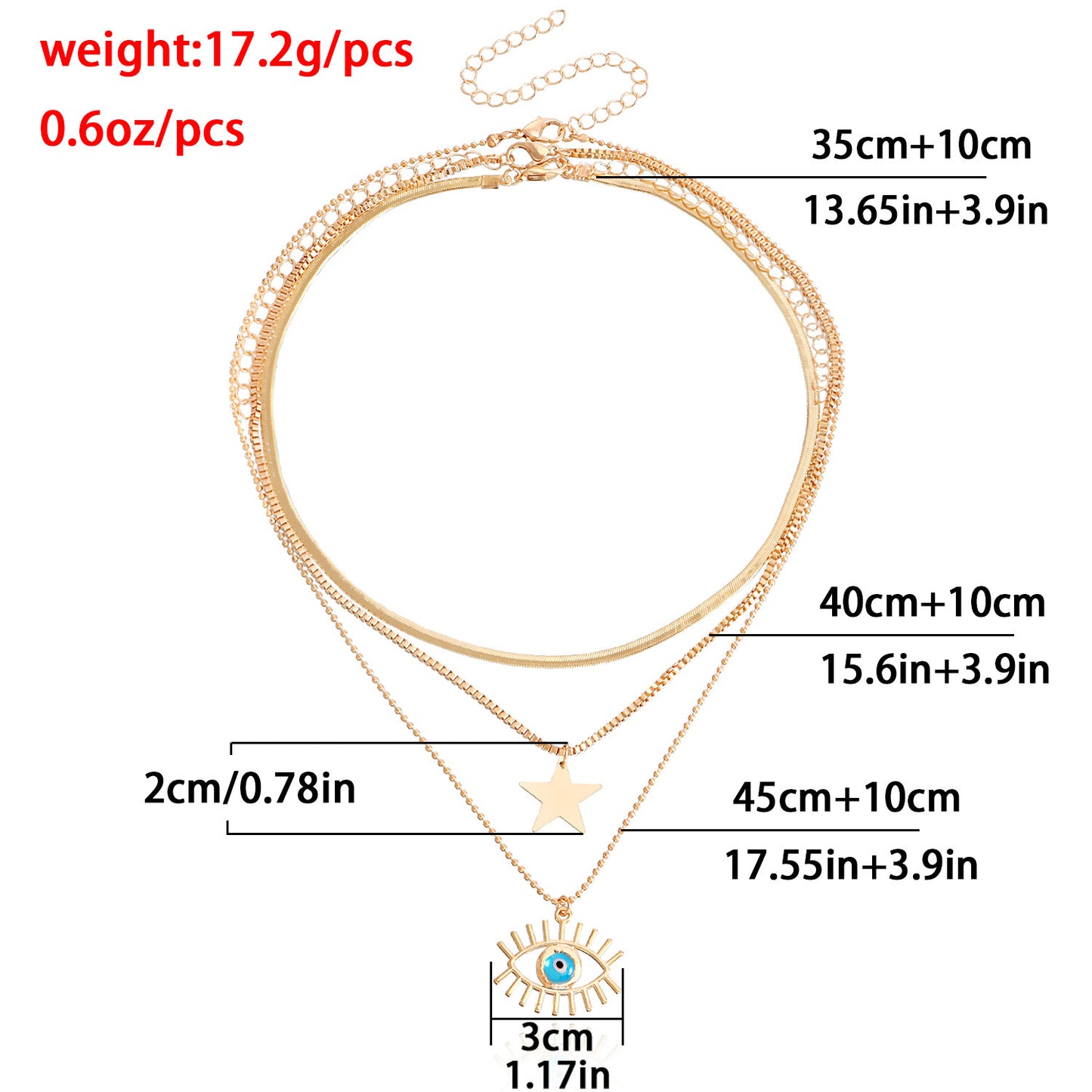 Geometric Five-Pointed Blue Star Evil Eye Pendant Necklace for Women with Alloy Construction and Electroplated Finish on Multi-Layer Flat Snake Chain