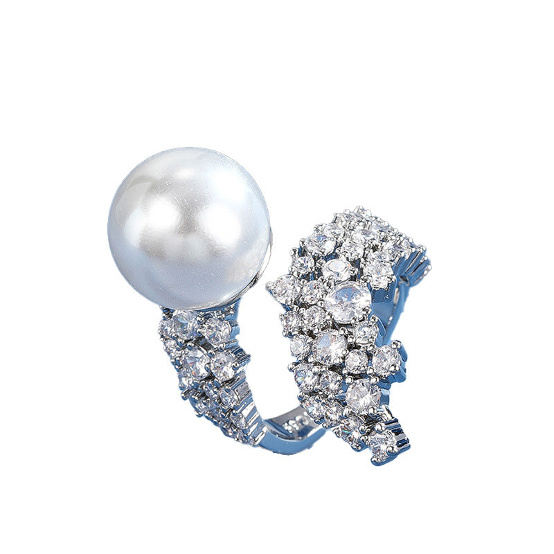 Anillo de Cobre Minimalista Geométrico con Diamantes de Imitación para Mujer, con Banda Abierta Ajustable y Acento de Perlas