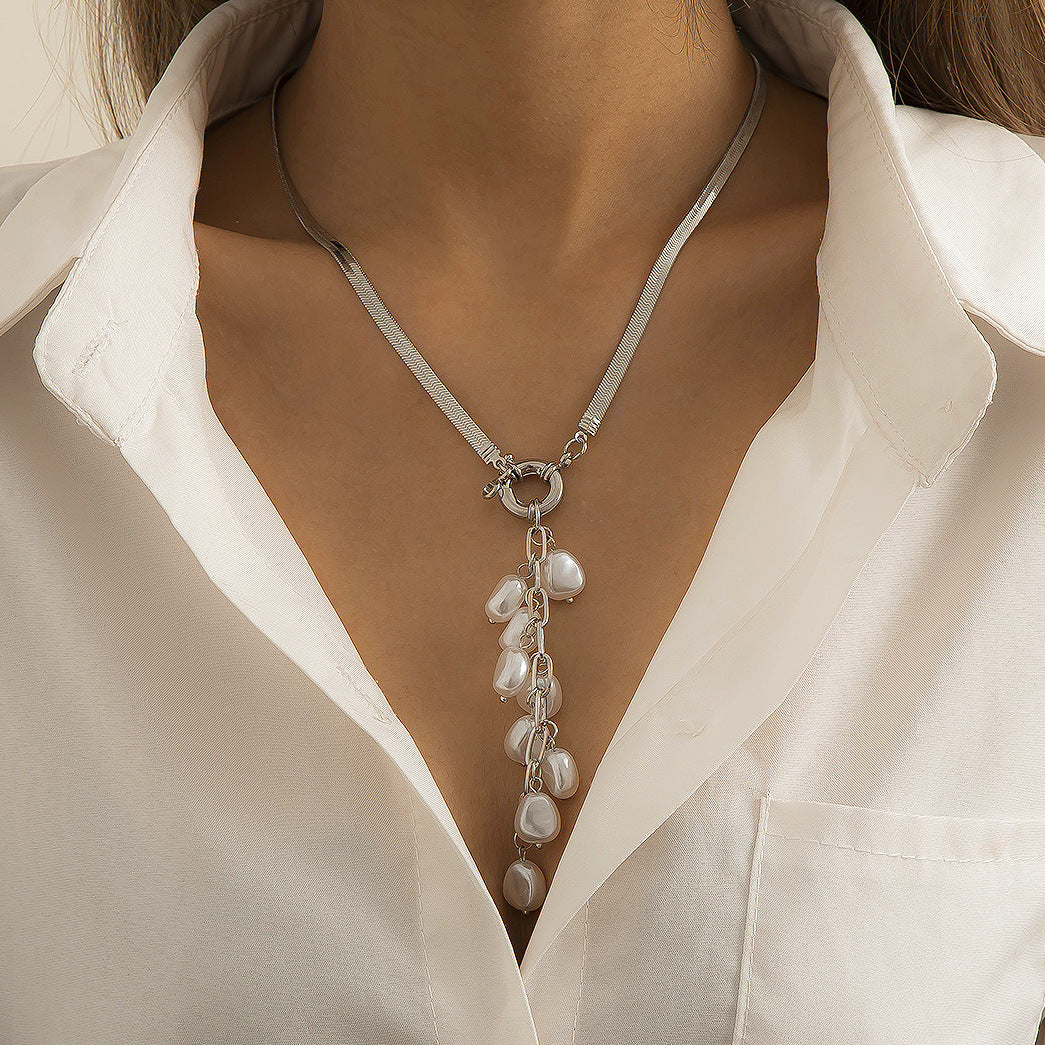Vintage Baroque Geometric Faux Pearl Tassel Necklace Plated Snake Chain Women's Jewelry