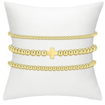 Gold Plated Hematite Cross Beaded Stretch Bracelet Set