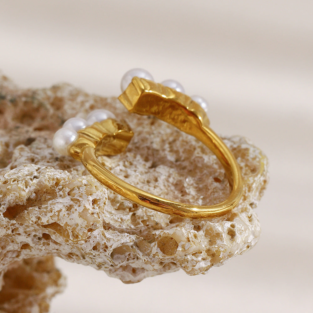 Anello Aperto Minimalista Geometrico Placcato Oro 18K in Acciaio Inossidabile da Donna con Finitura Simil-Perla