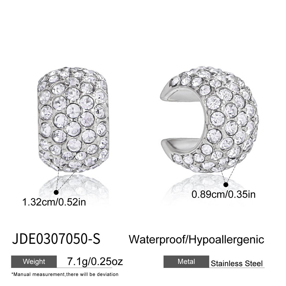 Elegant Geometric Stainless Steel Cubic Zirconia C-Shape Clip-On Earrings for Women