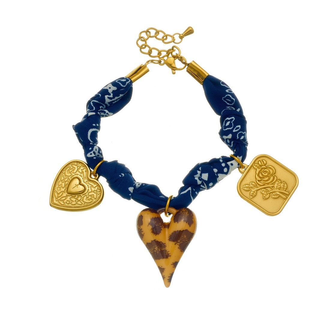 Vintage Luxury Heart Square Plated Stainless Steel Bracelet with Deep Blue Floral and Leopard Print Fabric Rope