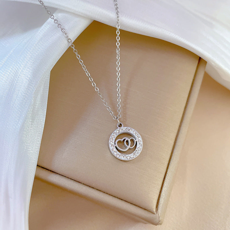 Minimalist Double Ring Heart-Shaped Titanium Steel Necklace with Gold Plating for Women and Men